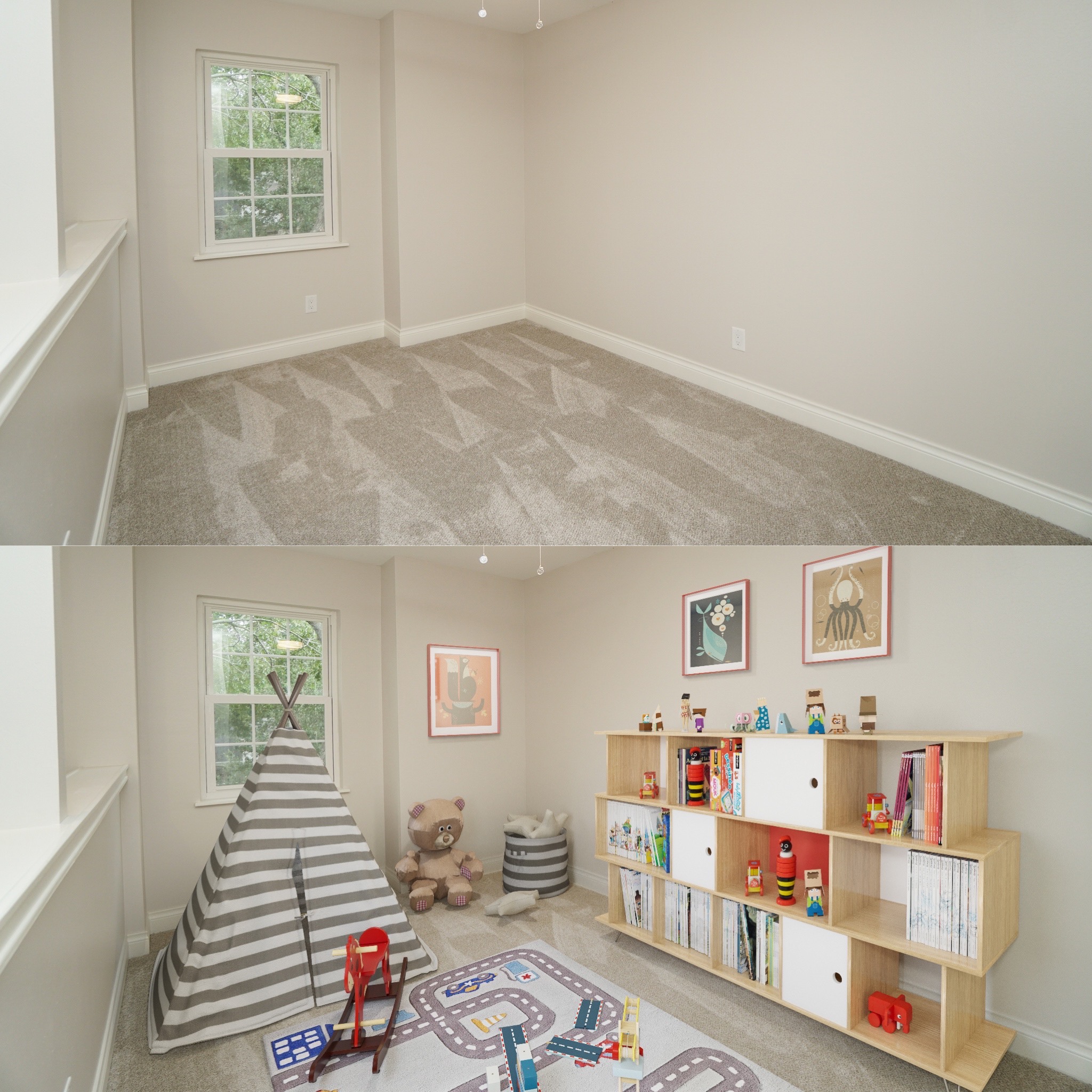 kid's playroom before and after virtual home staging