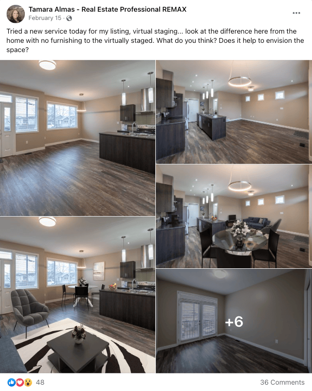 Virtual staging Facebook post, tool to get new real estate listings
