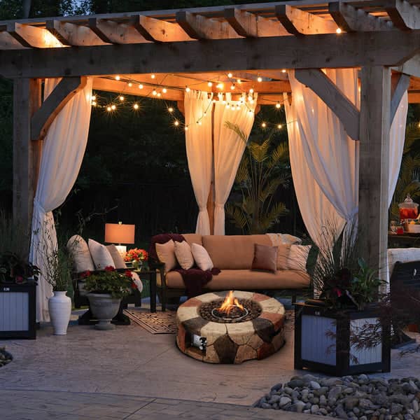 Outdoor curtains and fire pit