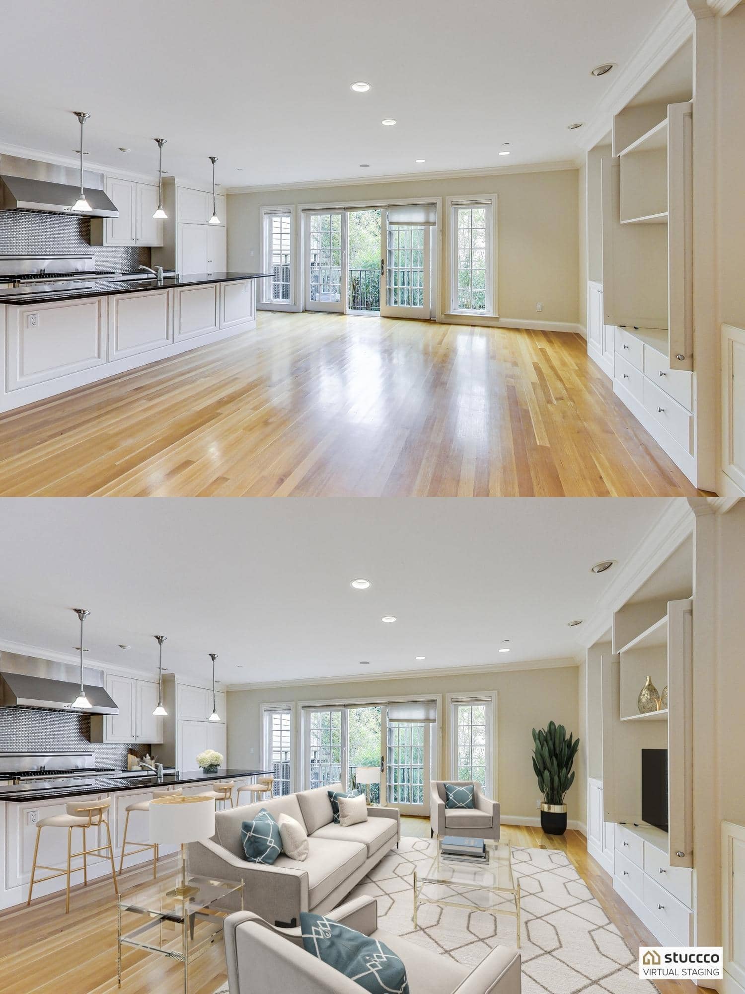 Open concept before and after virtual home staging