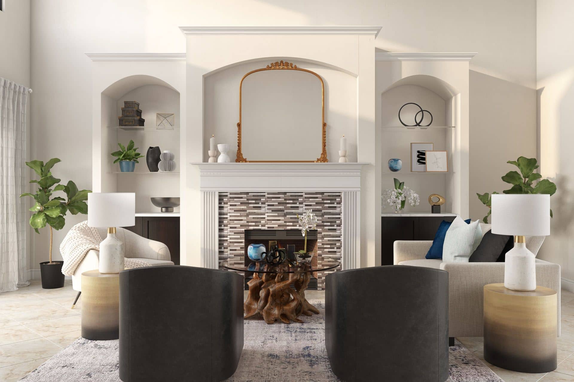 Mid-century modern glam living area Stuccco online interior design