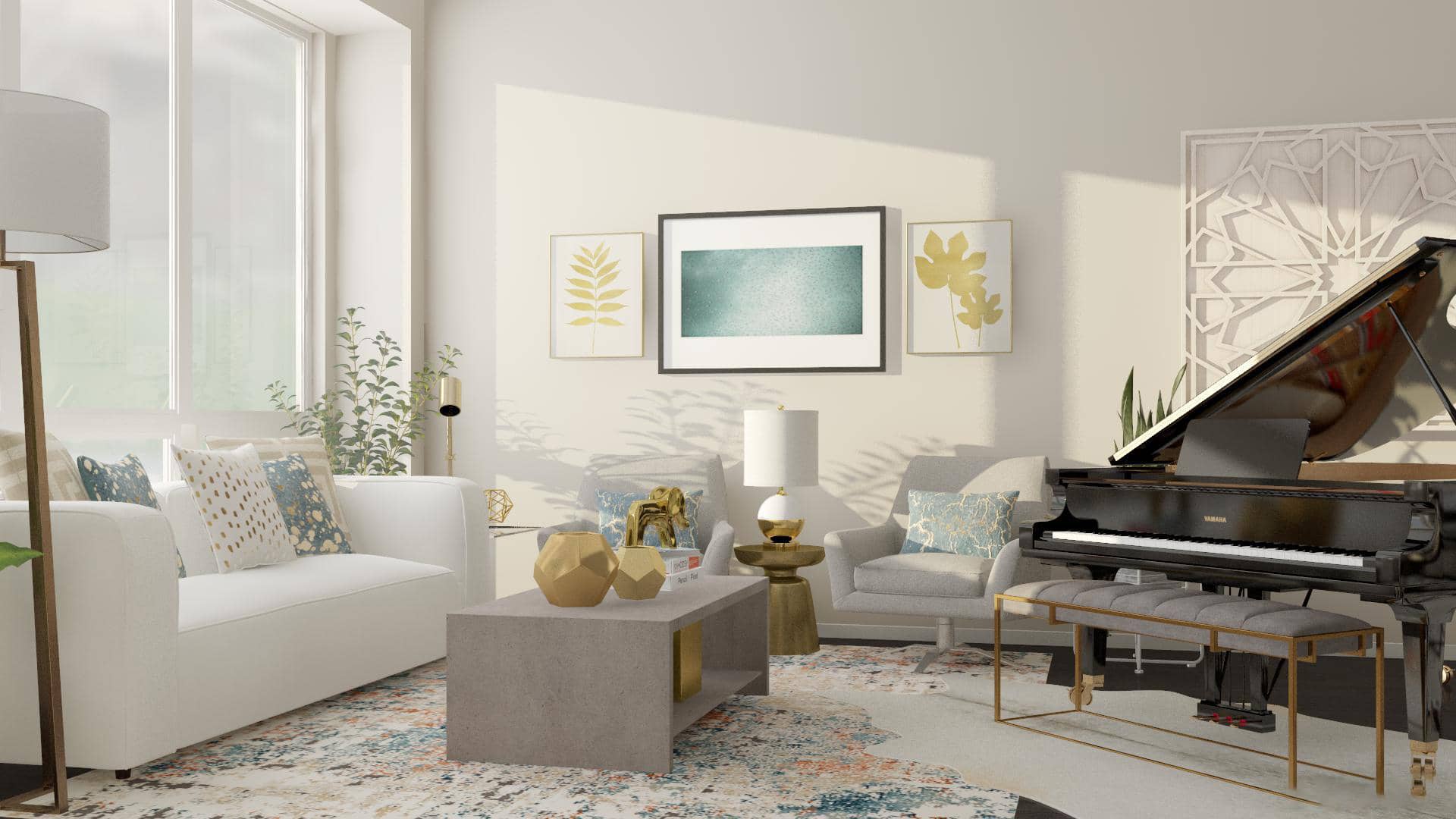 coastal glam living area Stuccco online interior design