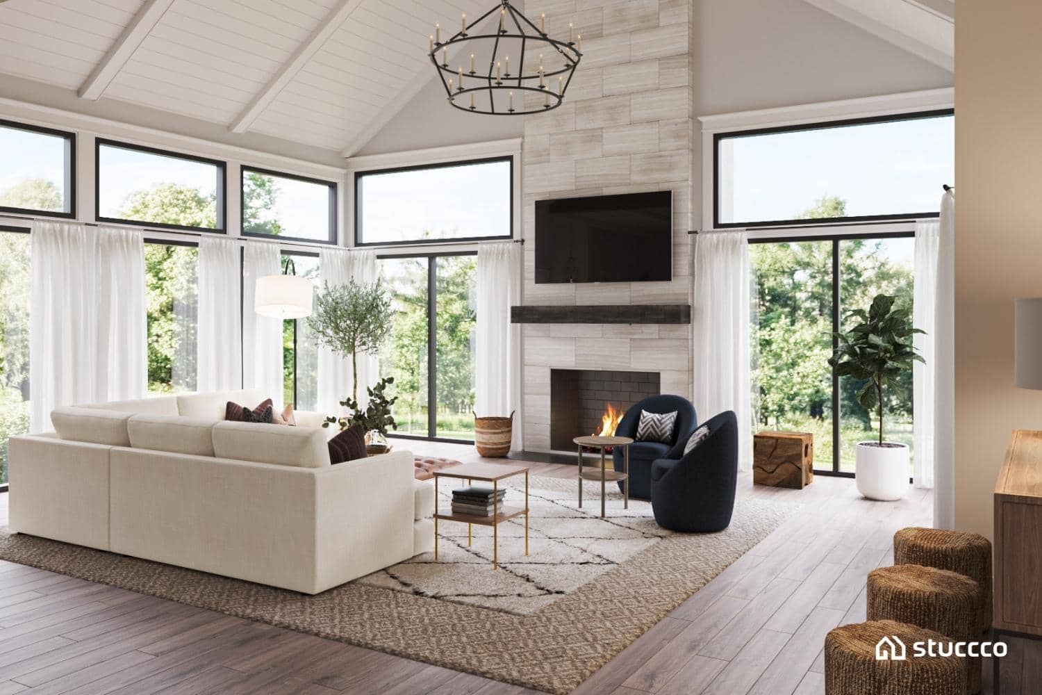 Stuccco large living room, online interior design, natural light, natural textures