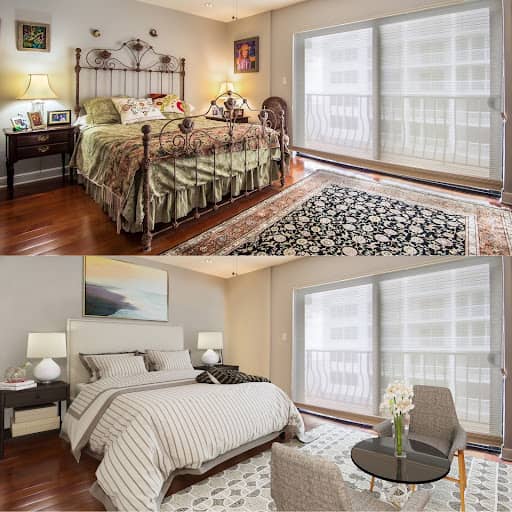 Preparing for an open house as a realtor, before and after staged bedroom