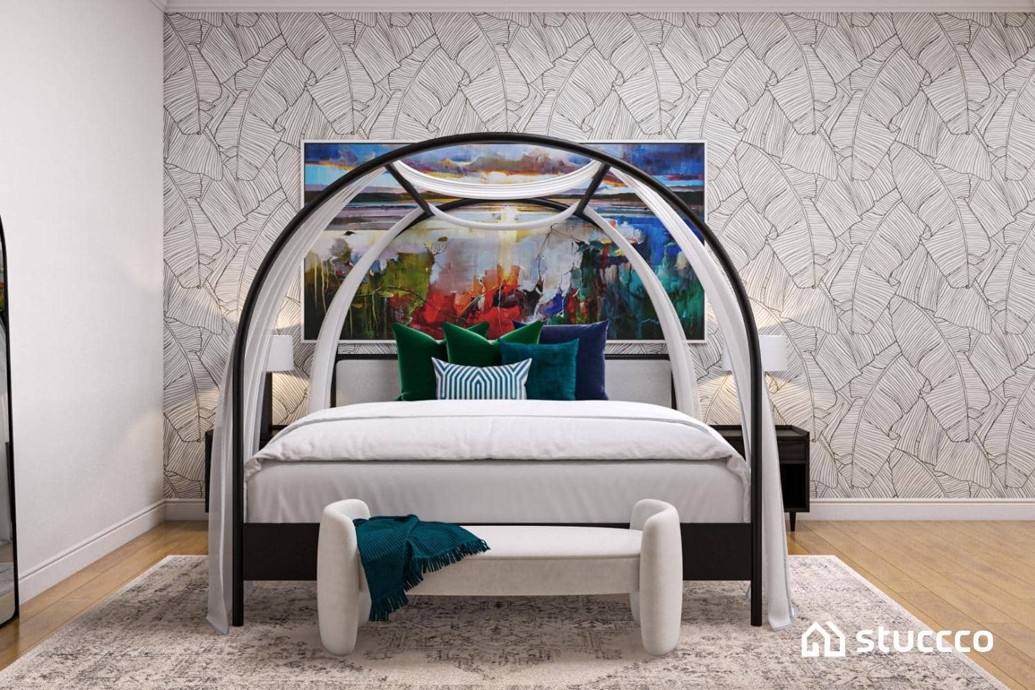 Bedding and wallpaper in Stuccco online interior design bedroom