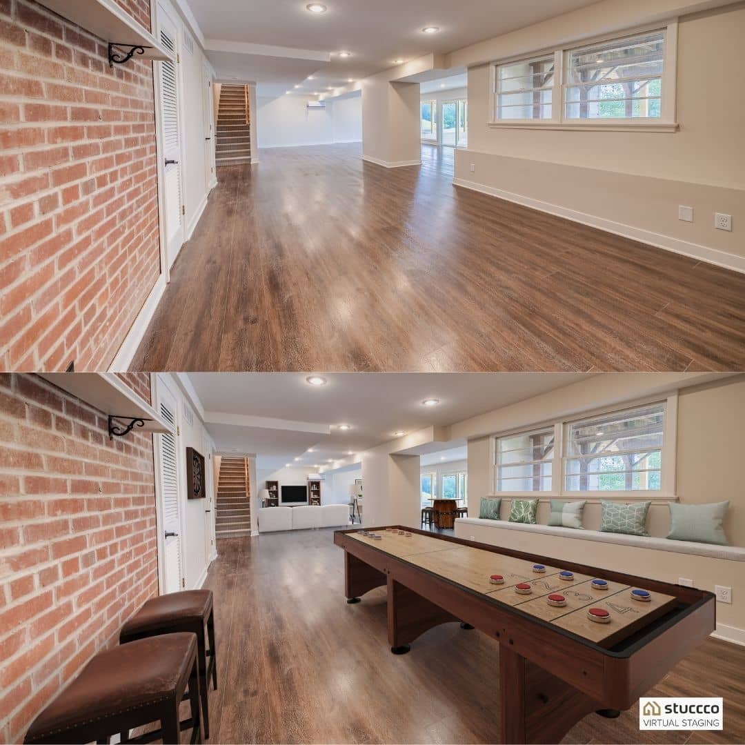 Vacant home selling tips, staged basement and game area