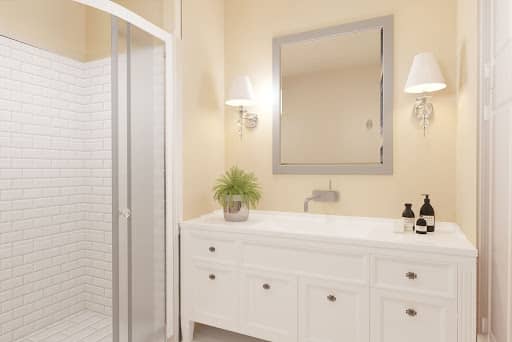 Bathroom after a virtual renovation, modern white cabinet and modern shower tile