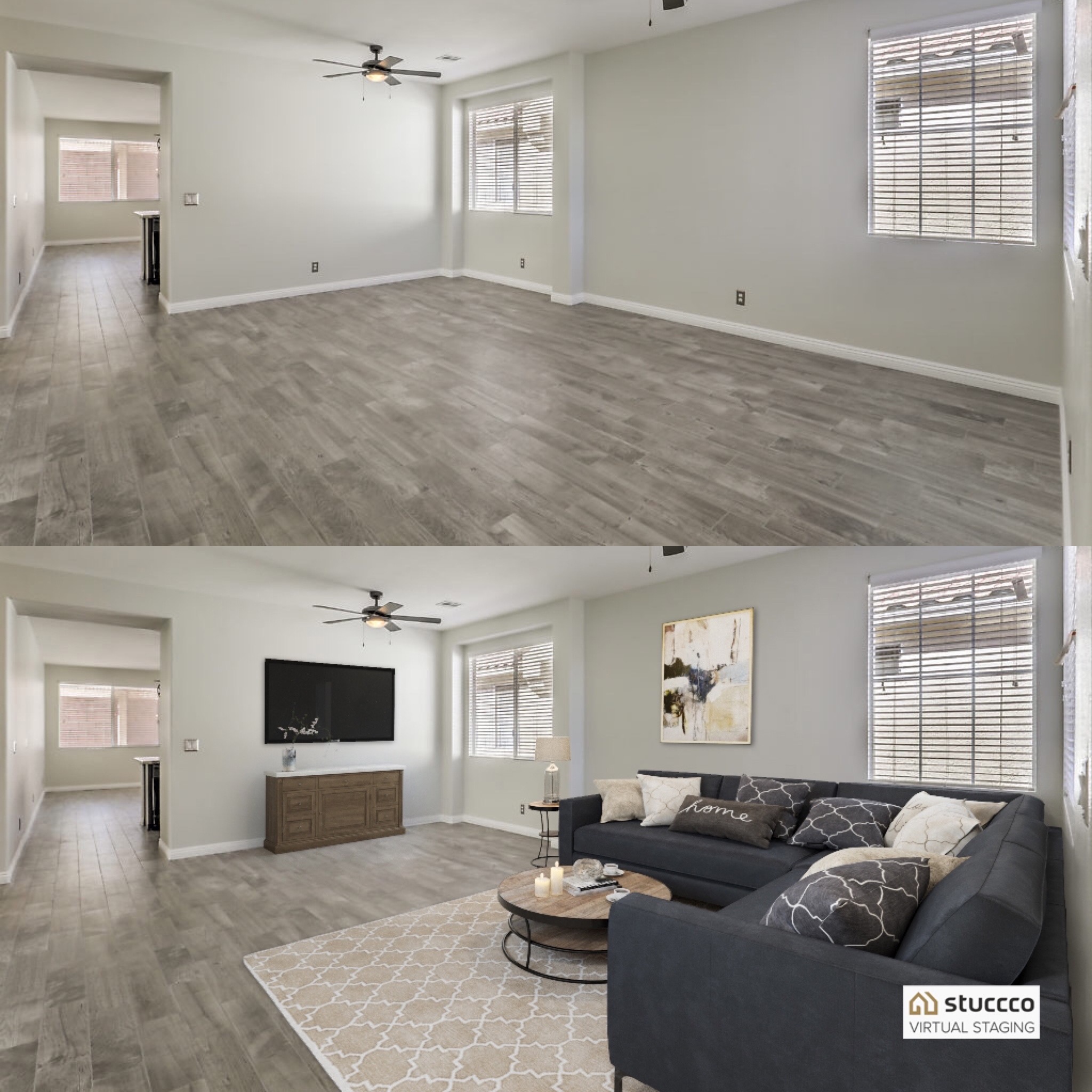 Real estate photography living room before and after virtual staging