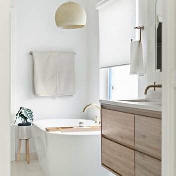 Master Bathroom Japandi Oasis using bespoke lighting and natural materials