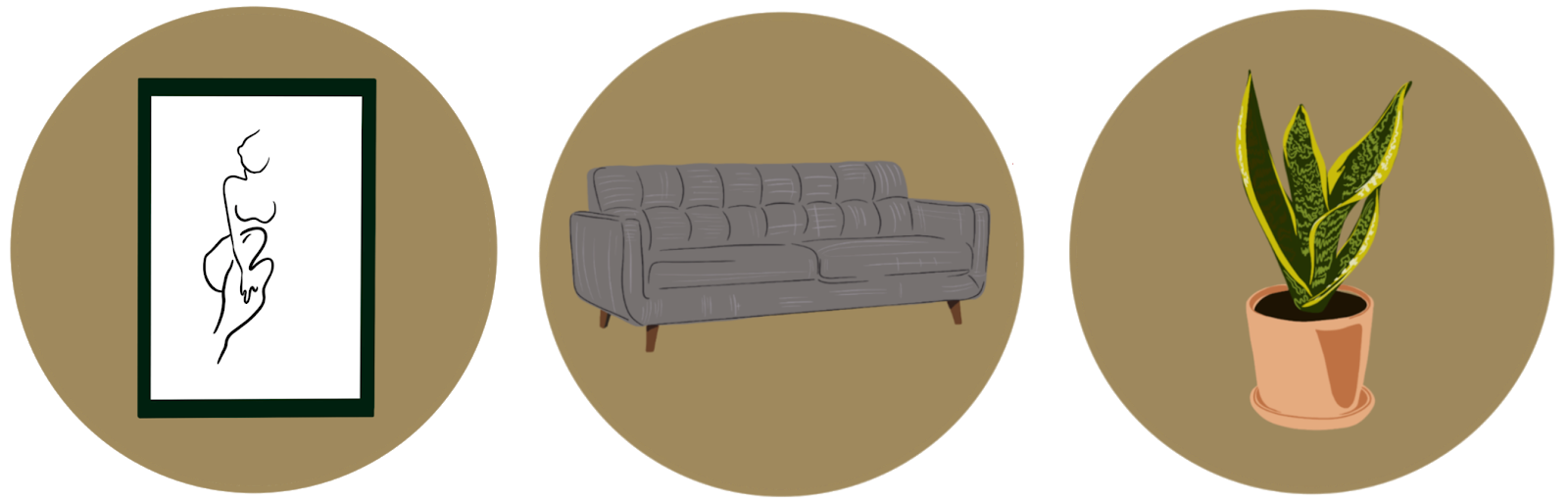 home staging icons of art, a sofa and a plant